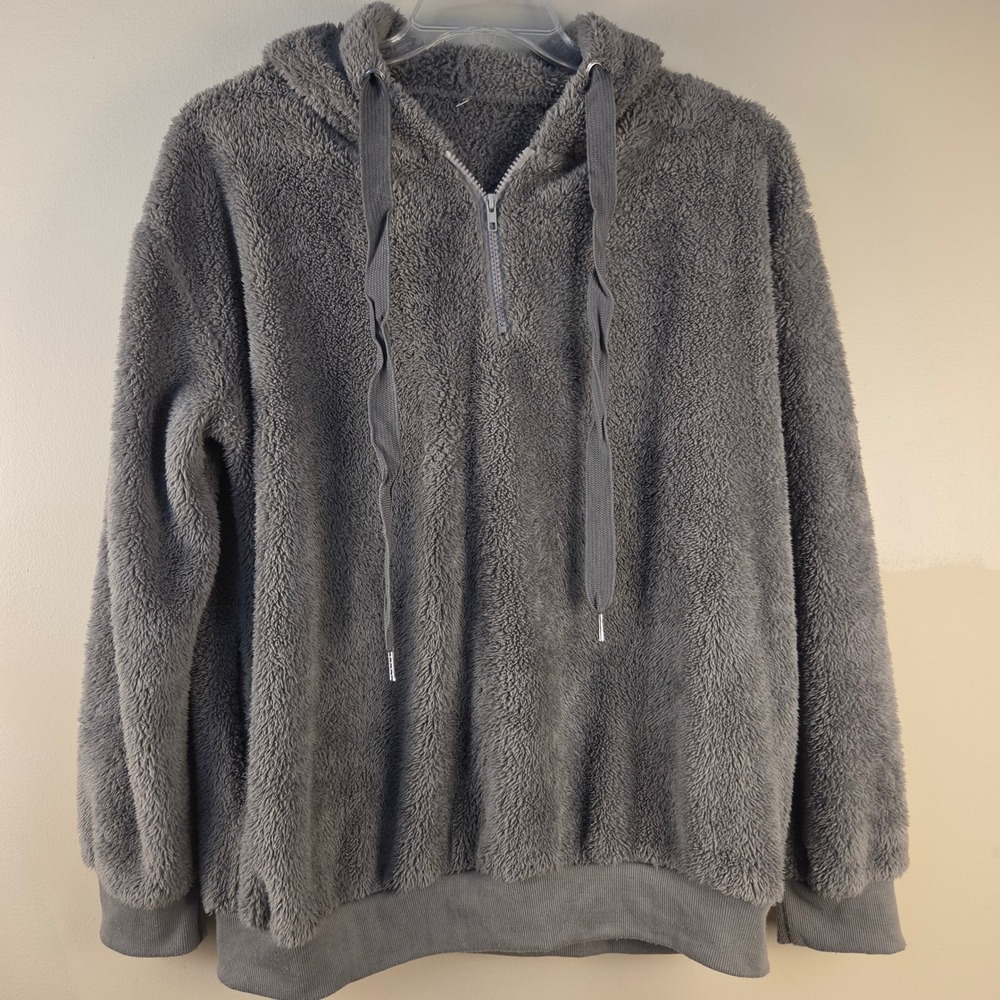 Gray Sherpa Fleece 1/4 Zip Pullover Hoodie Women Size Large Teddy Fuzzy Coziness